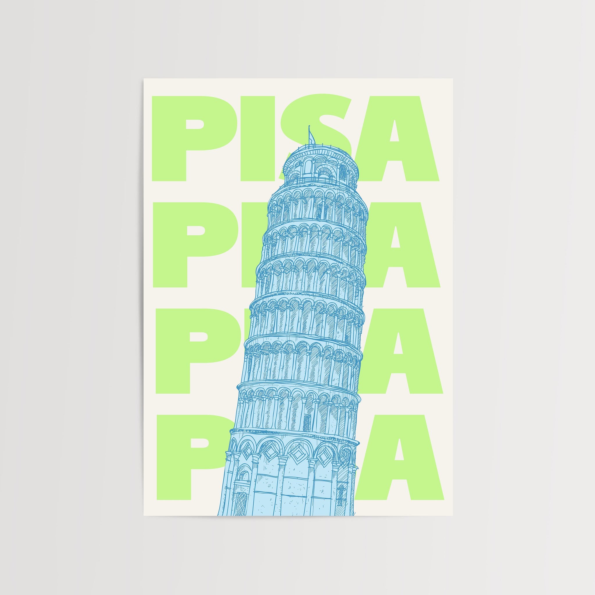 Leaning Tower of Pisa art print with green and blue design