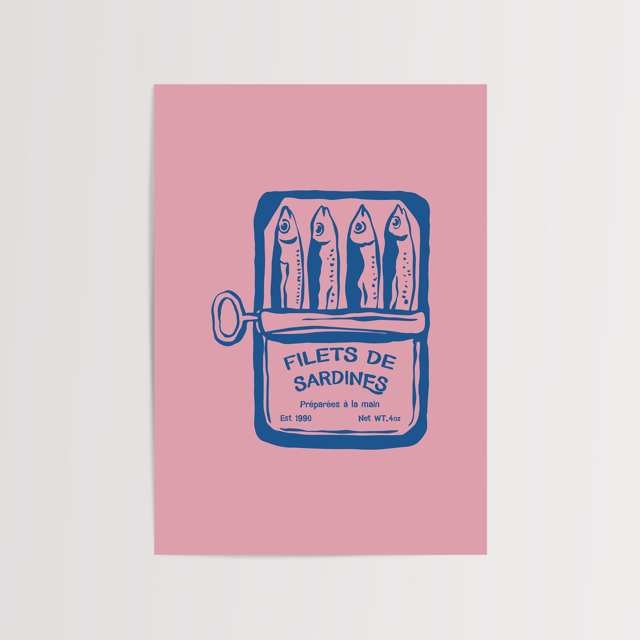 French sardine illustration poster with pink background and blue tin can design