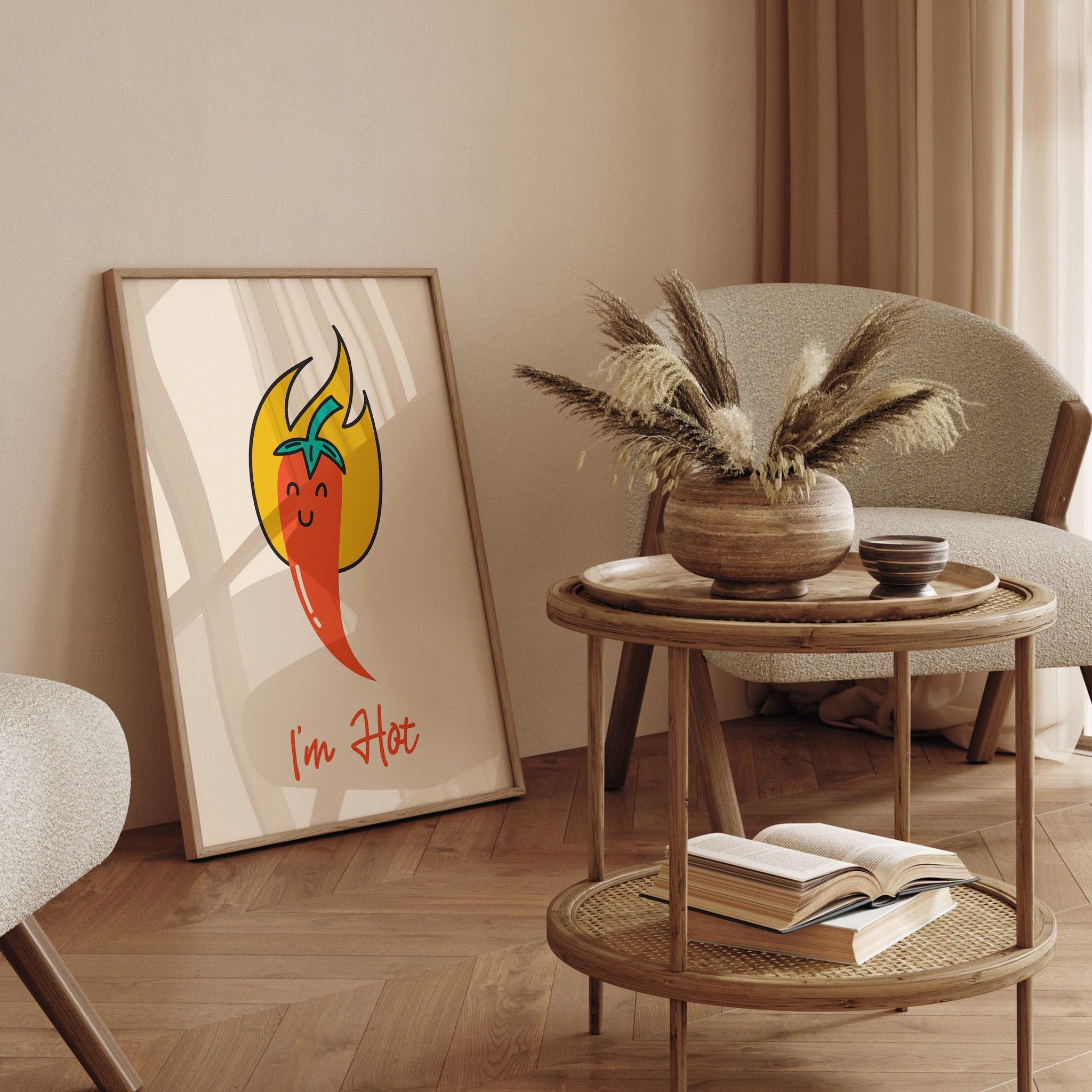 Humorous kitchen wall art with a smiling chili pepper and the phrase "I'm Hot."