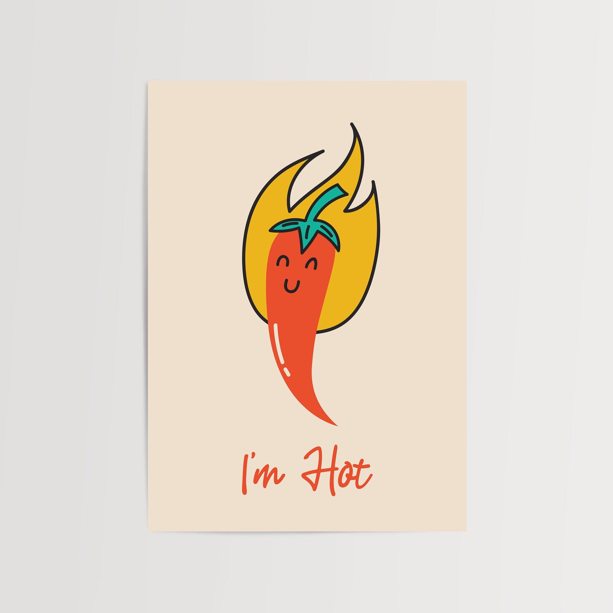 Funny chili pepper wall art poster with a cute "I'm Hot" design for kitchen decor.