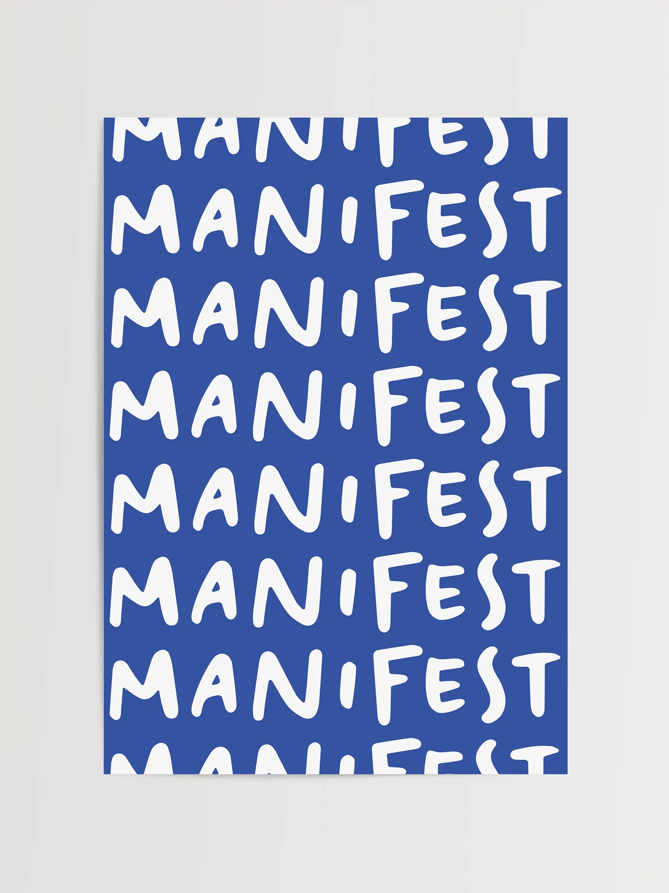 Repeated "Manifest" typography in white on a bold blue background.
