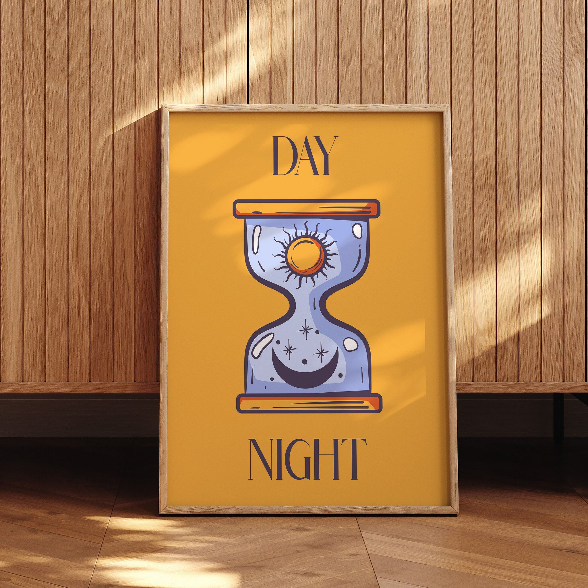 Modern hourglass poster with yellow and blue tones for home decor.