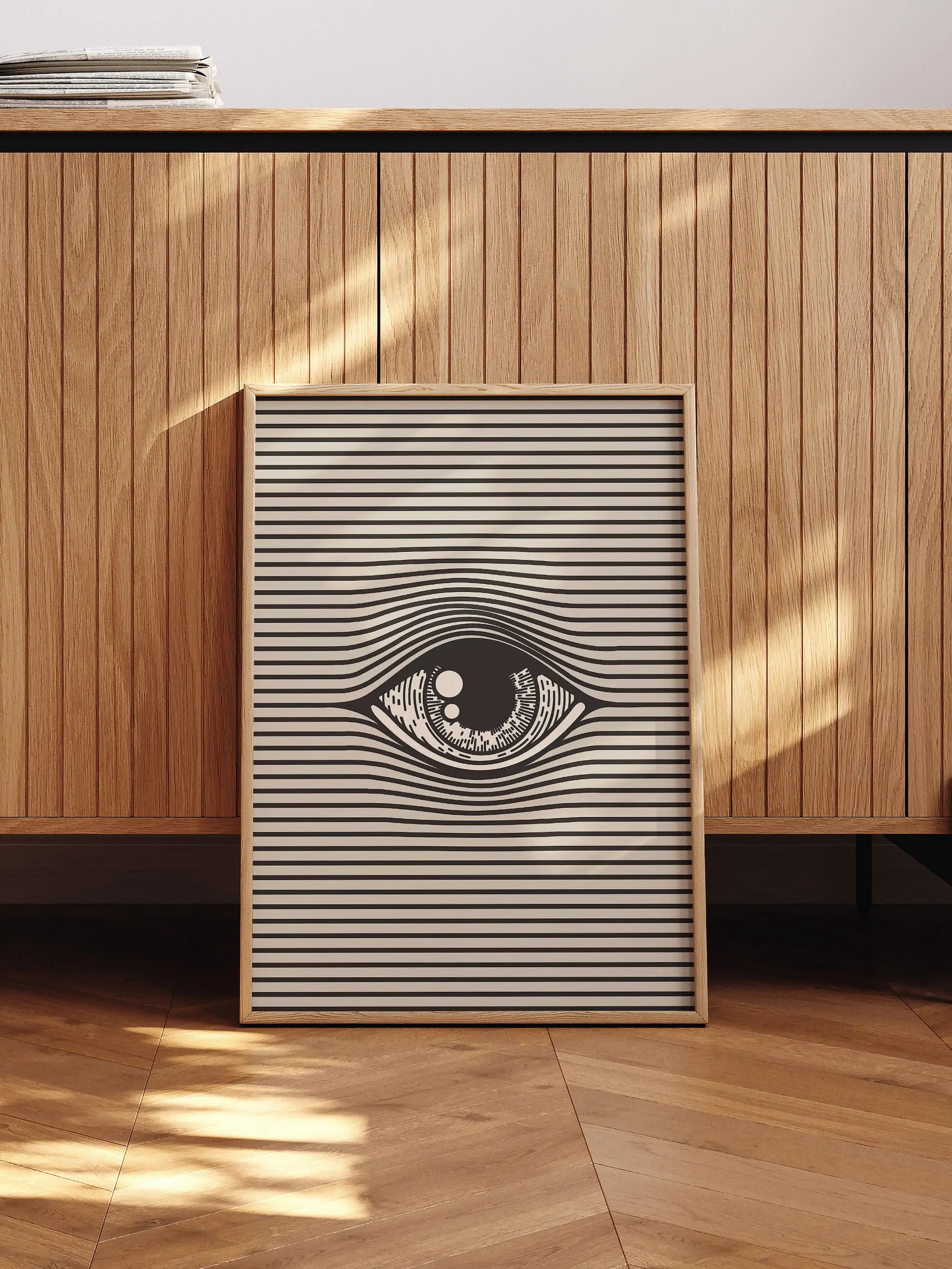 Abstract eye illustration with warped horizontal lines creating a striking optical illusion